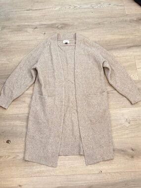 Beige Long Ribbed Open-Front Cardigan
